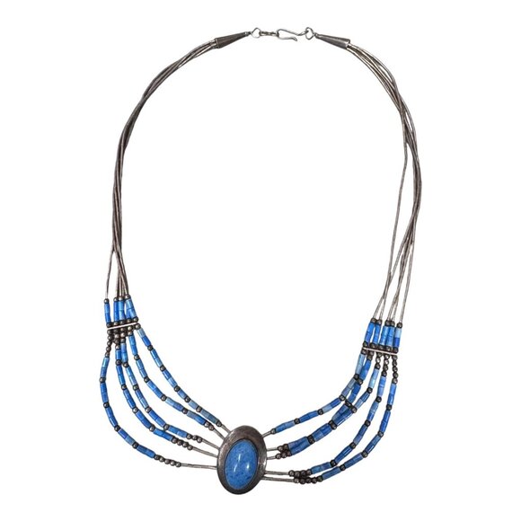 Vintage Sterling Rising Sun Turquoise Heishi Liquid Silver 5 Strand Necklace 925 - Picture 8 of 8